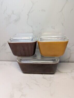 Vintage Pyrex Refrigerator Dishes 501 502 Brown Orange Set of 3 w/Lids USA